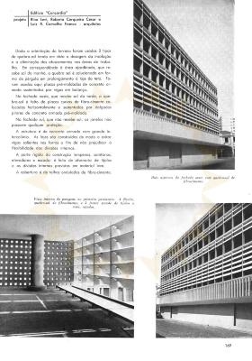 Visualizações externas e interna da solução com brises curvos [título atribuído], 1958.  Fonte: Edifício Concordia Acrópole. São Paulo, ano 20, n.233, p.169, mar. 1958.