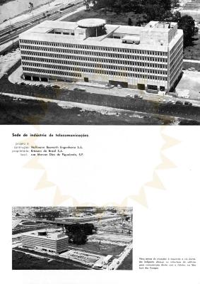 Vista aérea do edifício [título atribuído], 1971. Fonte: Sede da indústria de telecomunicações. Acrópole,São Paulo, ano 32, n. 381, p 22, jan 1971