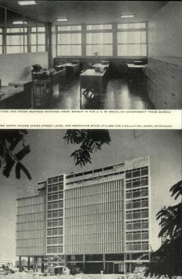 Fotografias da fachada norte do edifício com brises em fibrocimento e vista interna das salas publicadas em revista internacional [título atribuído] Fonte: Office Building, Rio de Janeiro, Brazil. The Architectural Forum, p.73, ago. 1944.
